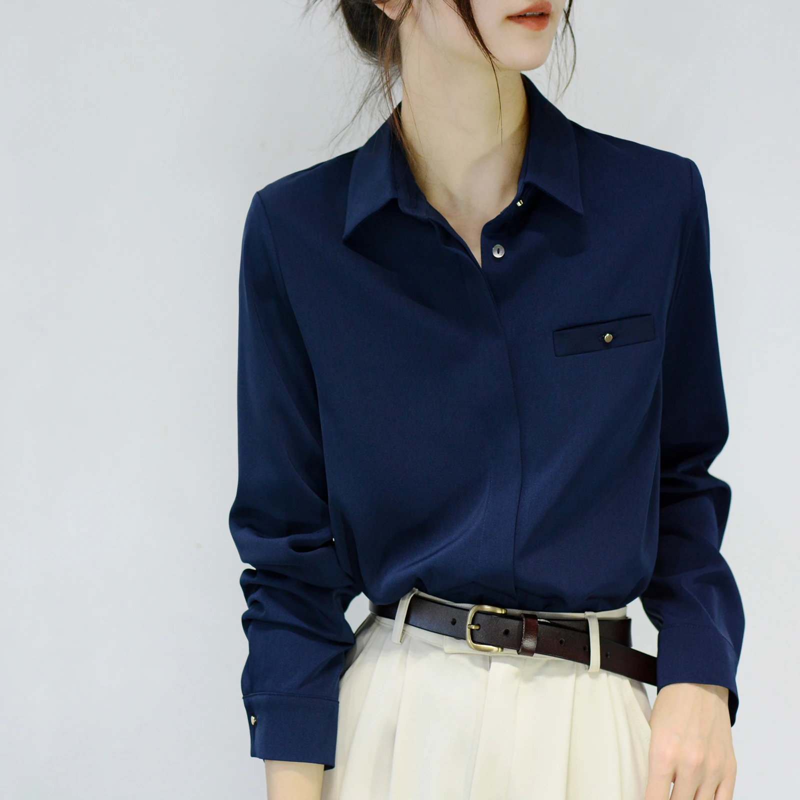 

Женская блузка TRR Gem Blue свободного кроя с длинными рукавами, шикарная, для офиса, из полиэфирного волокна, немнущаяся, однотонная, деловая, повседневная