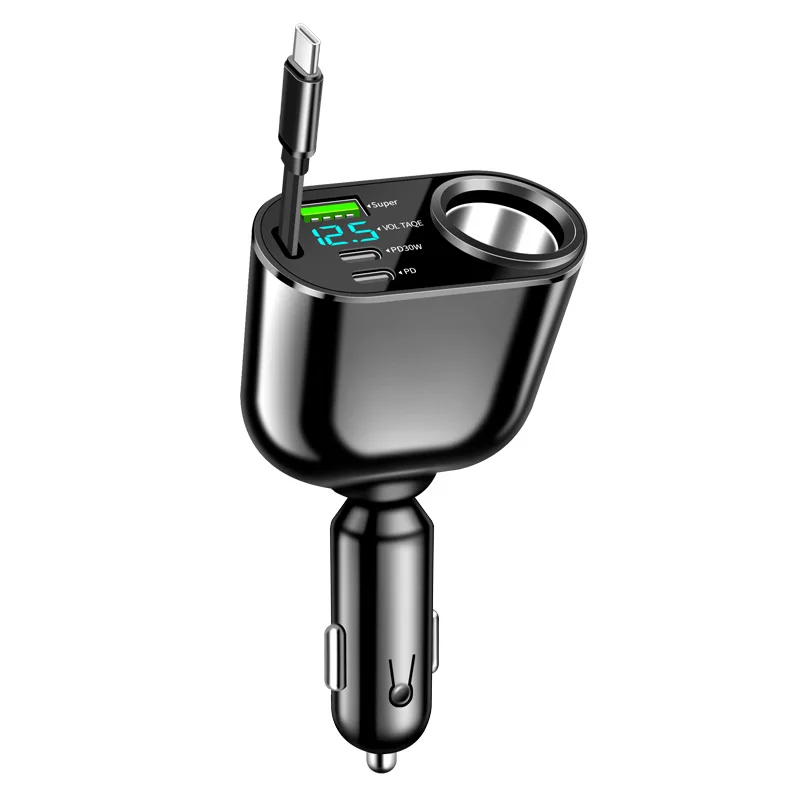 Cargador de Coche Retráctil Ultra Rápido de 90W, Cargador de Teléfono para Coche con Pantalla LED Inteligente de Voltaje, 3 Puertos de Carga (USB-C, PD) 260 °
