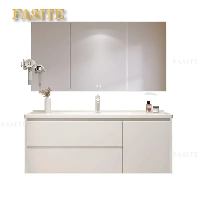 For 304 Stainless Steel Bathroom Cabinet with Ceramic Integrated Basin Wall Mounted Mirror Vanity Combo Modern Waterproof
