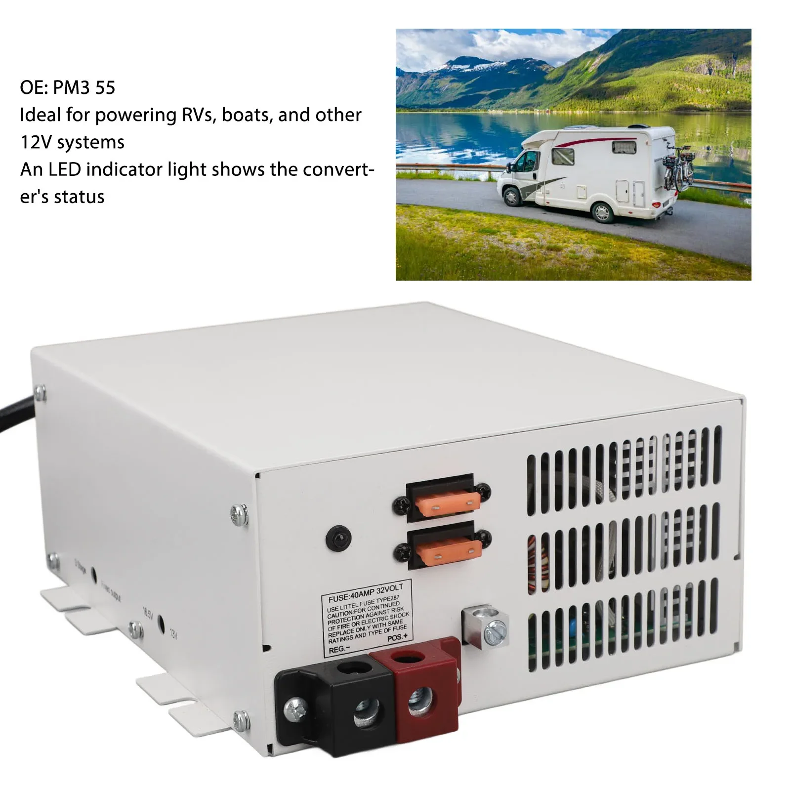 

RV Power Converter 55A to 12V DC Built in 4 Stage Smart Battery Charger Reliable Performance PM3 55