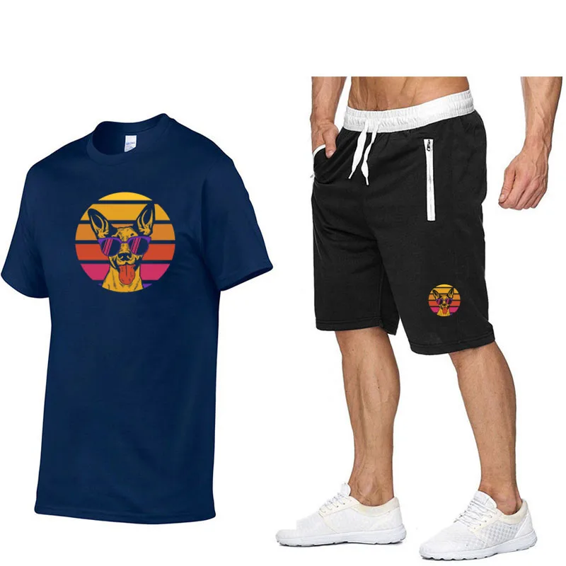 Summer Cotton Shorts Set Men Two Piece Mens Outfits Cotton Printed Tshirt Shorts 2 Piece Set Gym Sport Suits Fitness Sportswear