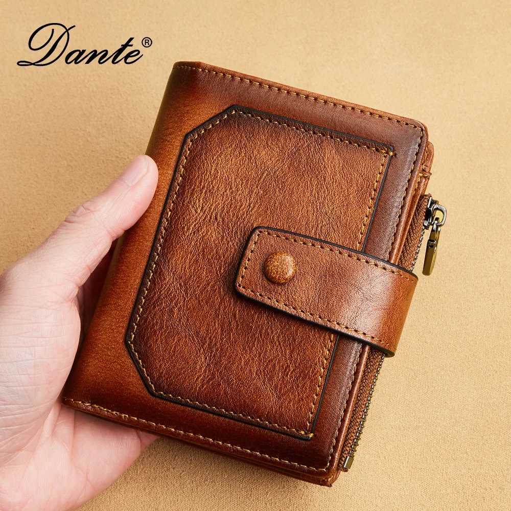 Vintage 100% Genuine Leather Men\'s Wallet RFID Blocking Trifold Short Multi Function Money Clip Large Capacity Zipper Coin Purse