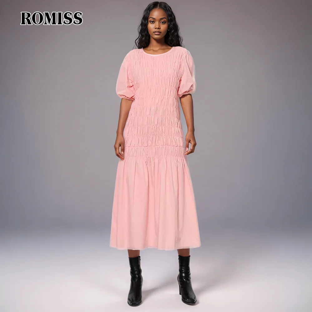 ROMISS Folds Dresses For Women Round Neck Puff Sleeve High Waist Solid Pullover Summer Dress Female Fashion Clothing 2024 New