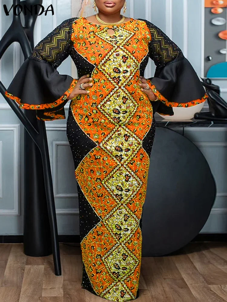 VONDAผู้หญิงMaxiชุดลูกไม้Patchwork Vestido Flare Sleeve Vintage Party Sundress 2025 ฤดูร้อนพิมพ์Robeขนาดใหญ่