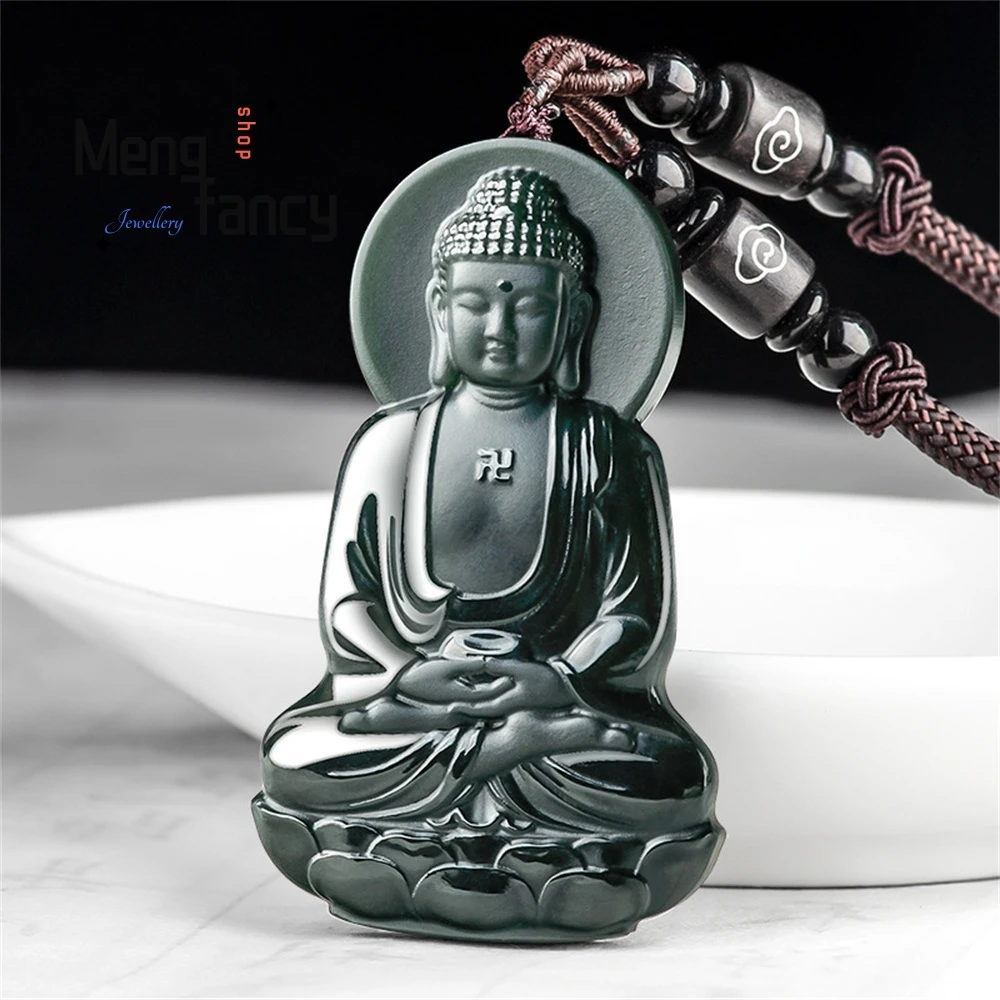 Natural Old Materials Hetian Jade Ink Jade Amitabha Buddha Pendant Zodiac Dog And Pig Patron Saint This Life Buddha Pendant