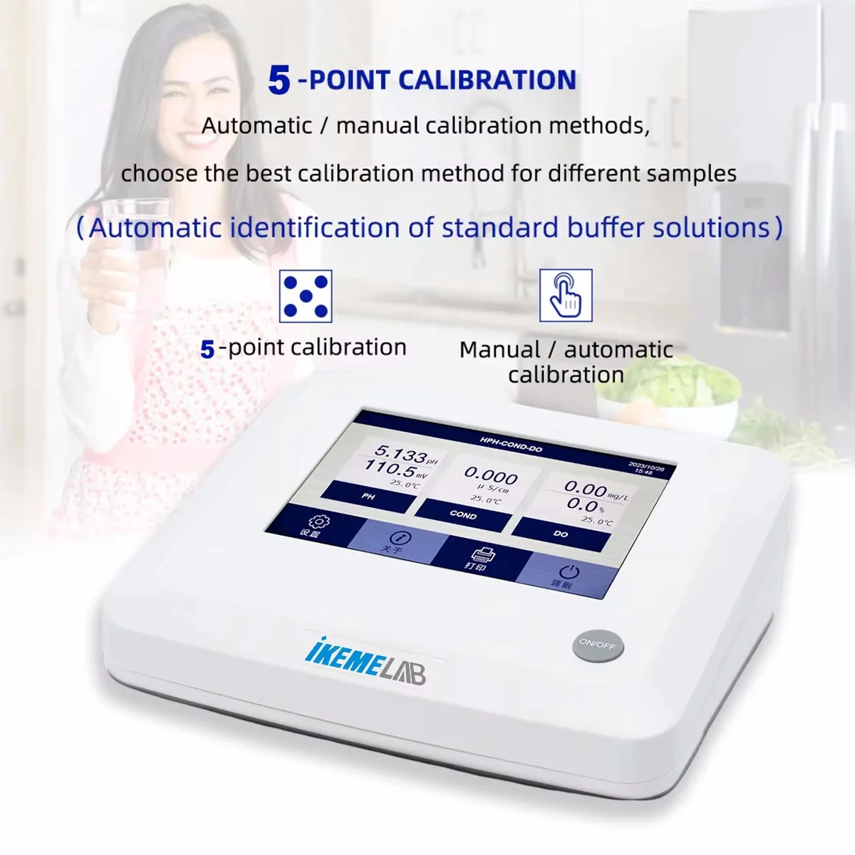 IKEME PH Meter High Precision Touch Screen Desktop 8 in 1 PH/ORP/TDS/EC/Temp/Sal/Res/DO Lab Water Quality Analyzer Conductivity