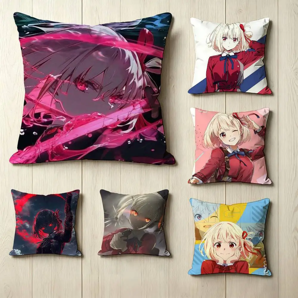Anime For Young Women L-Lycoris R-Recoil  Square Double-Sided printed Pillow Case Bedroom Bedside Pillow Sofa Cushion Cover