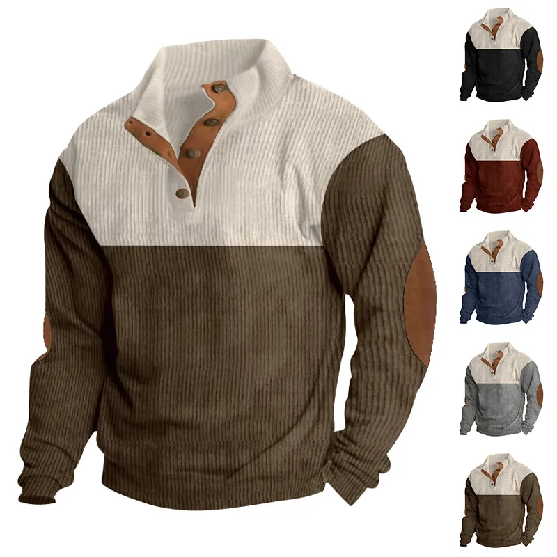 Men Color Block Henley Sweatshirt, Button Stand Collar, Elbow Patch Decor, Ribbed Knit Long Sleeve Pullover For Casual Daily Wea