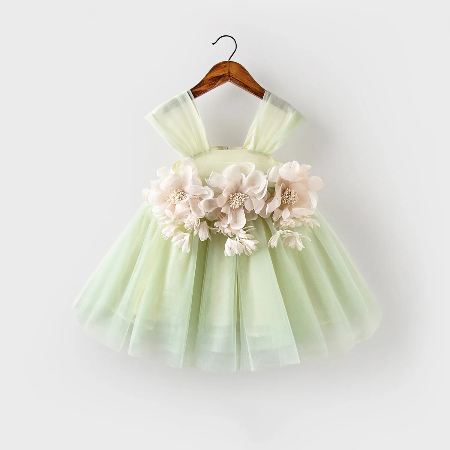 

Girls Princess Summer Baby One Year Old Hundred Day Green Cake Dress, Fluffy Gauze