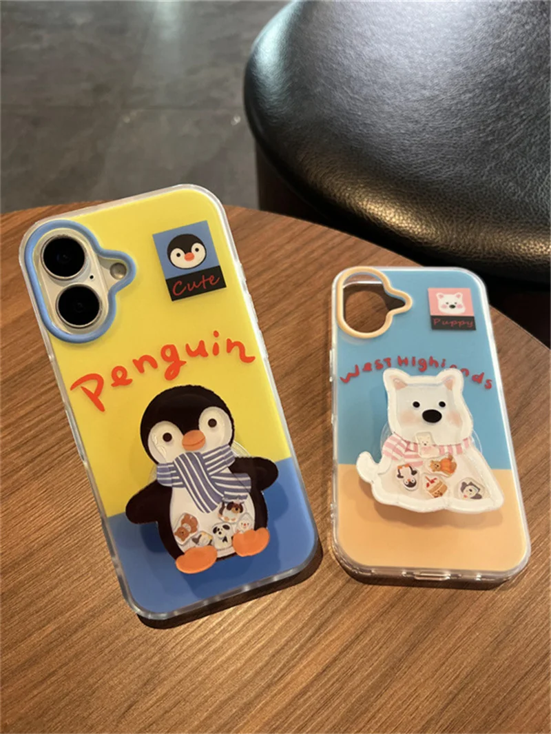 Bonito dos desenhos animados filhote de cachorro pinguim caso de telefone para iphone 16 pro max 15 pro 14 pro max13 rocker suporte acrílico capa à prova de choque para apple