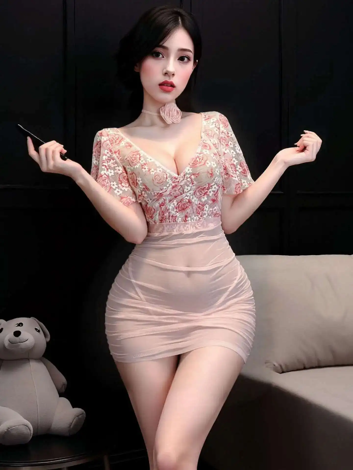 Vestido Sexy con escote en V profundo, Floral, rosa, cintura alta, envoltura de cadera, bordado de flores, vestido transparente, vestido Sexy de manga corta con escote en V profundo encantador 165Q