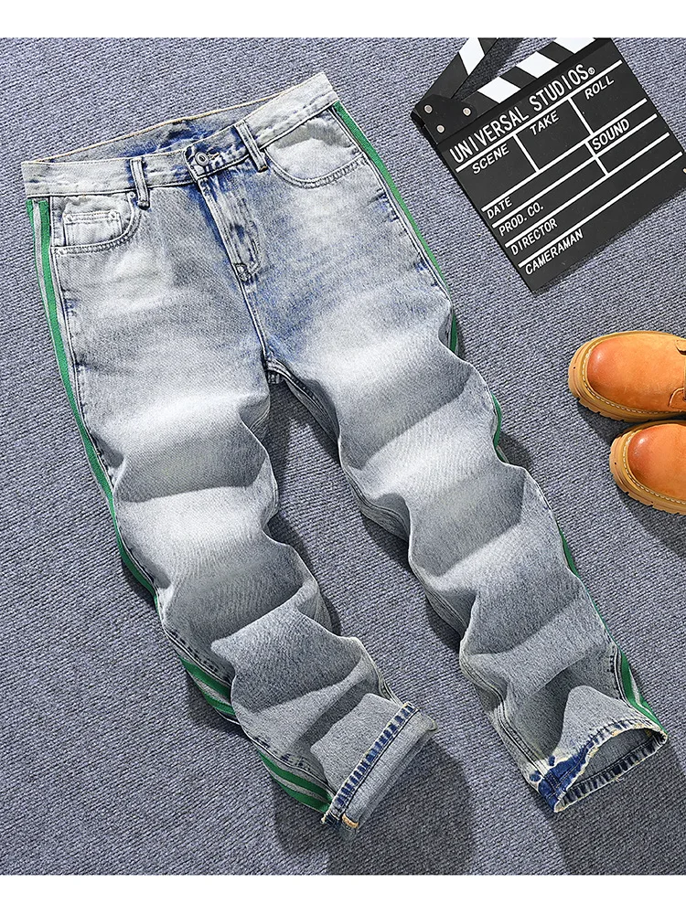 

Модные американские свободные прямые джинсы для мужчин, молодежи, ретро и модного полосатого дизайна, уличные повседневные брюки