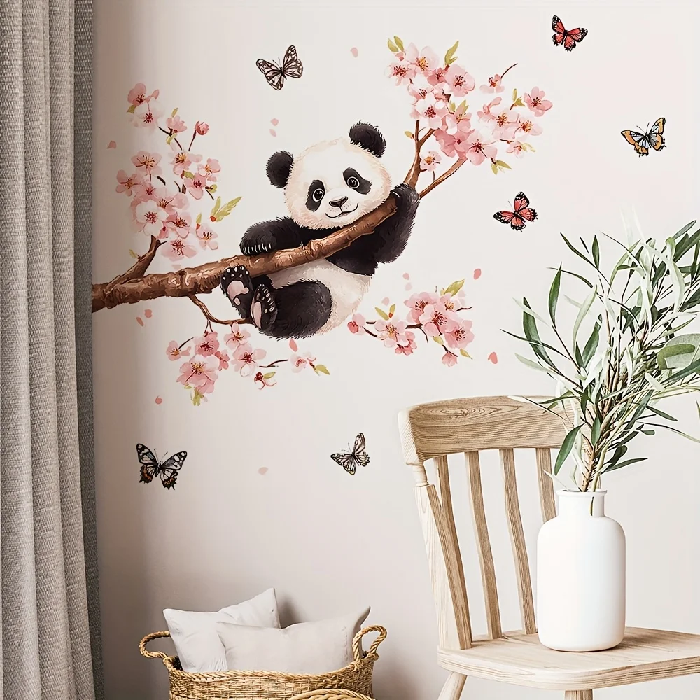Cartoon Panda Cherry Blossom Tree Wall Stickers Animal Plants Leaves Wall Decals Bedroom Living Room Home Decor