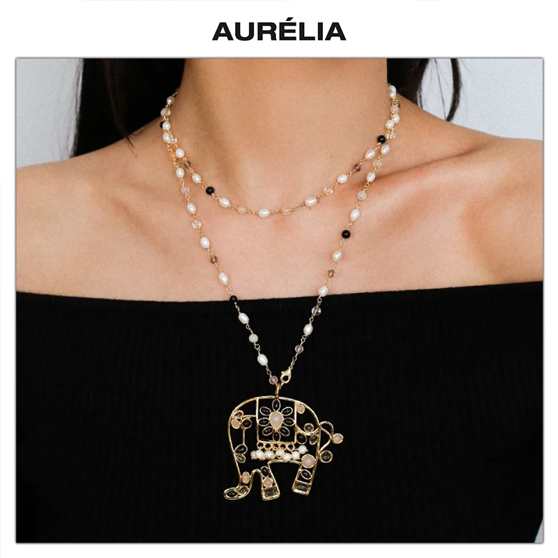 

Europe Colorful Gemstones Glass Pearl Top Quality Elephant Necklace Women Luxury Jewelry Trend