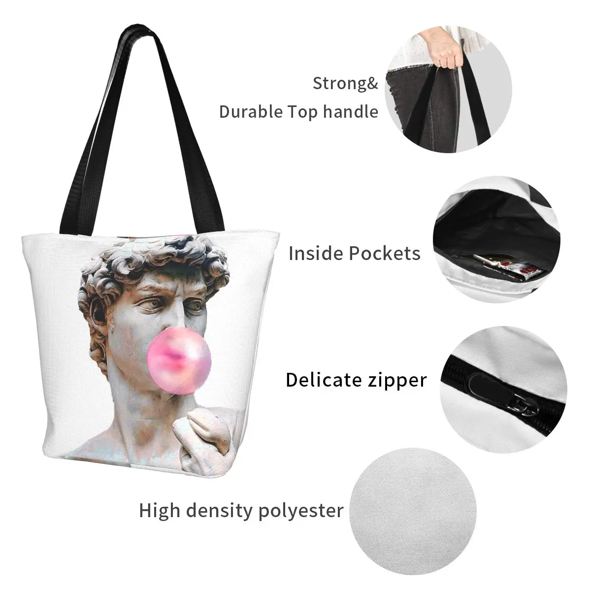 Bolso de mano de poliéster con estatua de chicle para mujer, bolso de compras, bolso de hombro, bolso de lona, bolso de regalo