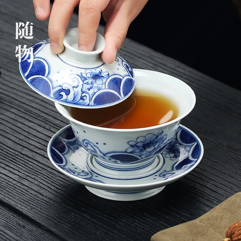 Jingdezhen Blue And White Porcelain Cover Cup, Set, Household Ceramic Kung Fu Sancai Tea Bowl, Single,