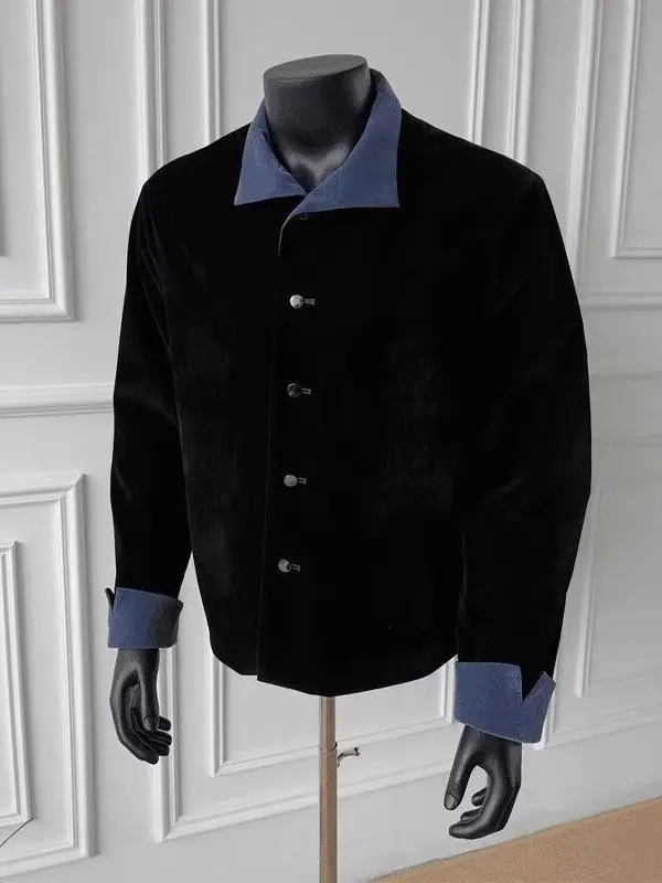 

New Chinese Sle Velvet Bla Jaet Men's Autumn Winter Small Design Sense Turn-down Collar Tang Costume High-end Zhongan...