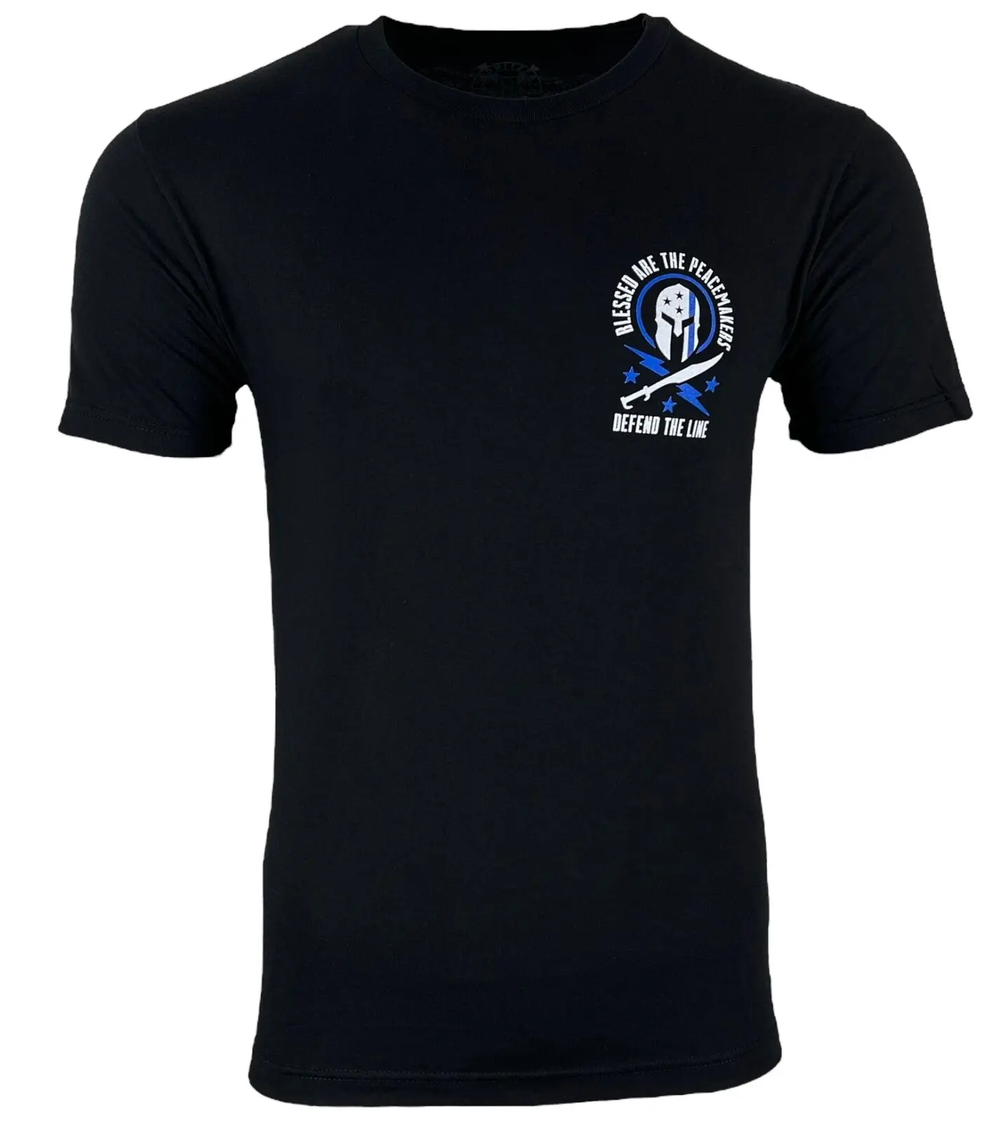 Blessed Are The Peacemakers | Blue Line Spartan Helmet Grunt T-Shirt 100% Cotton O-Neck Short Sleeve Summer Casual Mens T-shirt view 3