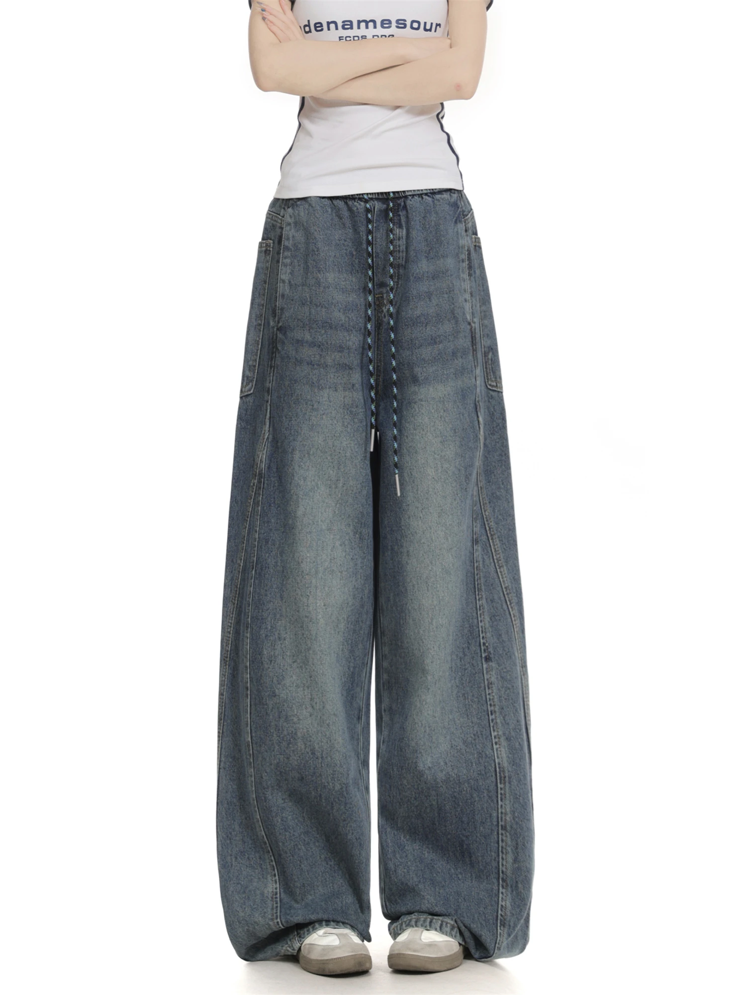 Женские уличные мешковатые джинсы Y2K, винтажные потертые джинсы с завязками на талии, брюки ide, повседневные модные брюки