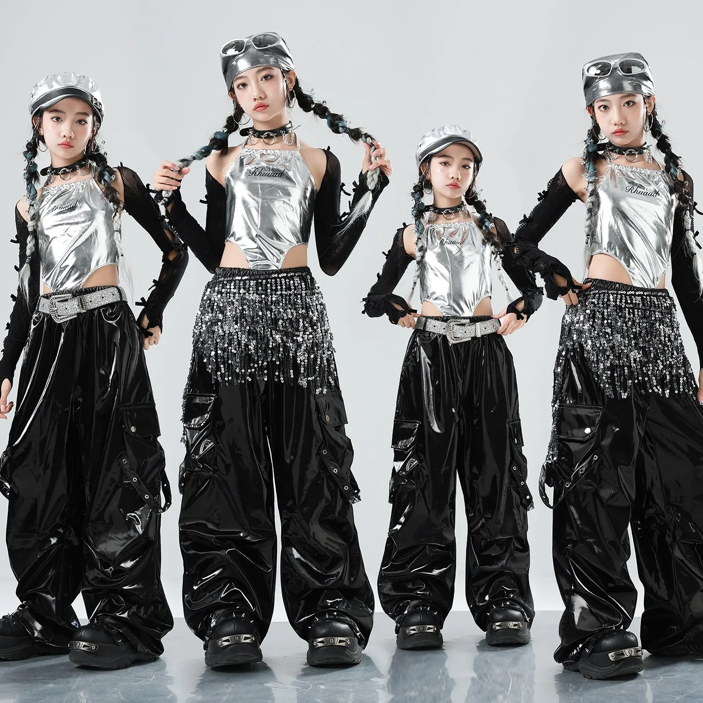 

Современный костюм для джазового танца, серебряные топы для девочек, черные кожаные брюки с длинными рукавами, одежда Kpop, одежда для выступлений в стиле хип-хоп, BL18077