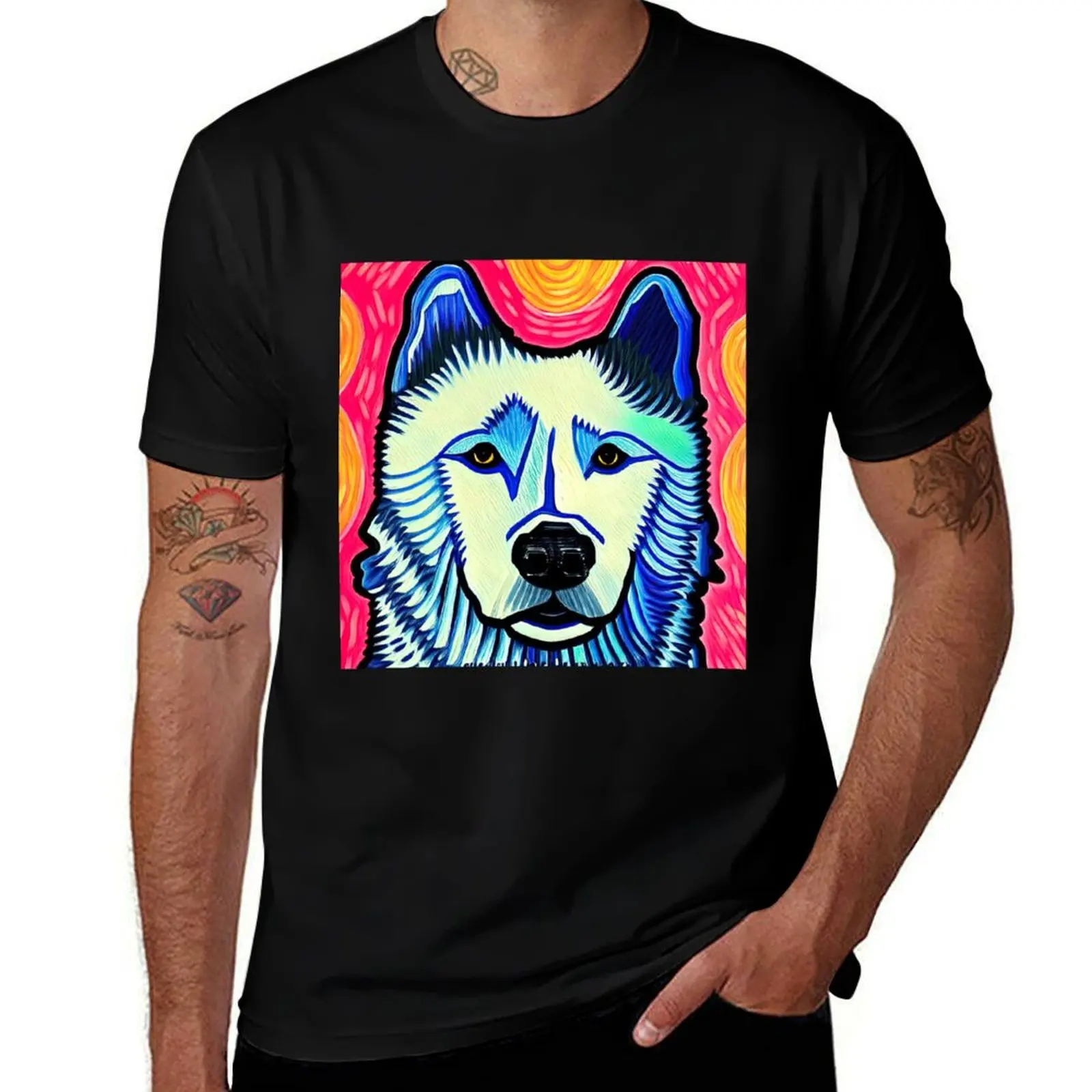 Samoyed Dog, Painting in the style of Van Gogh (design #15) T-Shirt Fashion Casual Short Sleeve T-Shirt