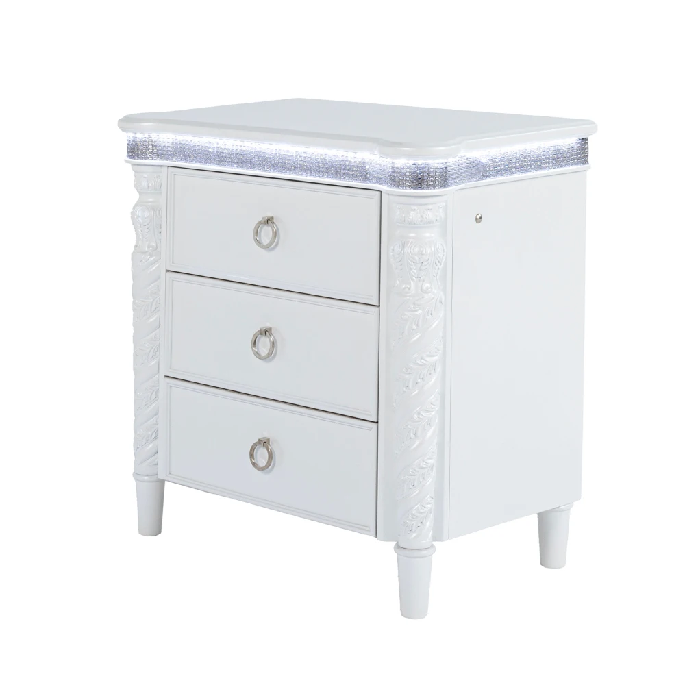 Glam Style 1pc Nightstand Pearl White Finish Rope Twisting Carving LED Lights Metal Side Glides Bedroom Furniutre