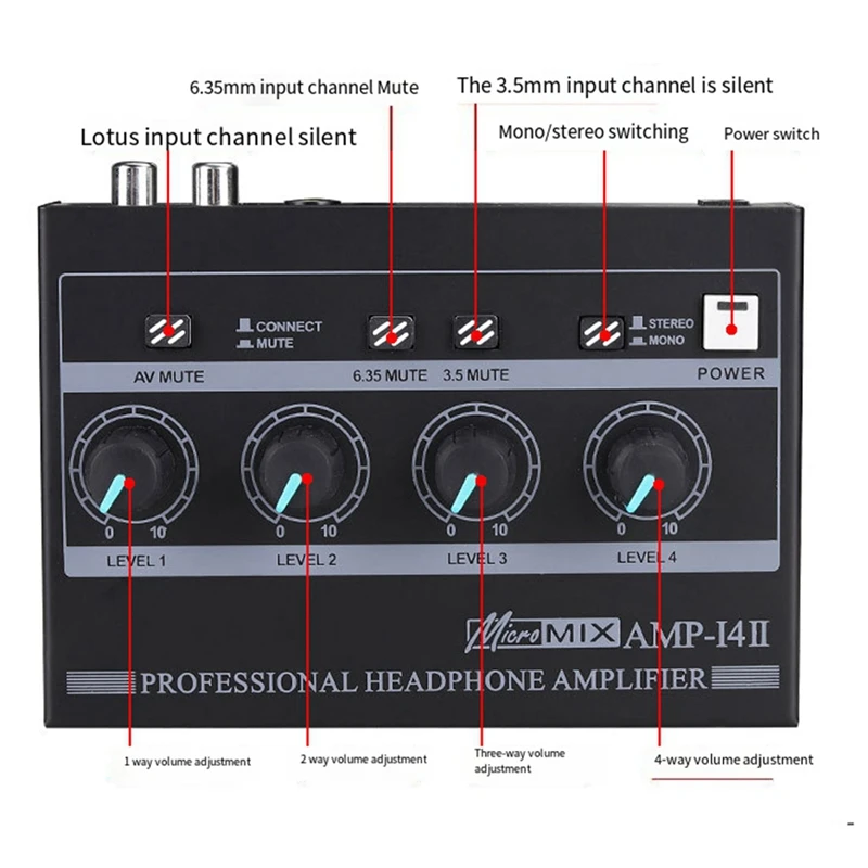 AMP‐I4II Professional 4 Channel เครื่องขยายเสียงหูฟังเสียงสเตอริโอขนาดกะทัดรัด Amp + 6.35 มม.3.5 มม.ควบคุมระดับเสียงอินพุต