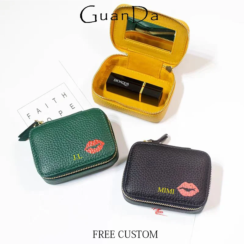 Luxury Cowhide Woman Lipstick Box Custom Name Genuine Leather Cosmetic Case Mirror Travel Portable Lady Retro Make Up Bags Gift