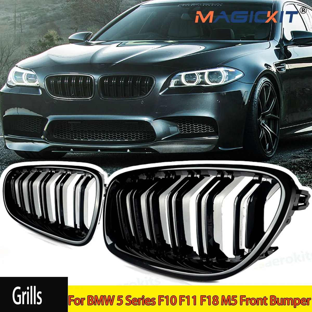 Gloss Black For BMW 5 Series F10 F11 F18 M5 Front Bumper Grills Double 2010-2016 Wide Kidney Grille 520d 530d 540i 528i 535i CAR