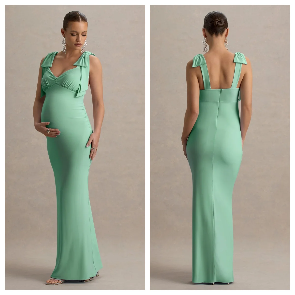 

Plus-Size Women Light Green Sweetheart Bow Strap High elasticity Maternity Fishtail skirt Maxi Dress Baby Shower Photoshoot