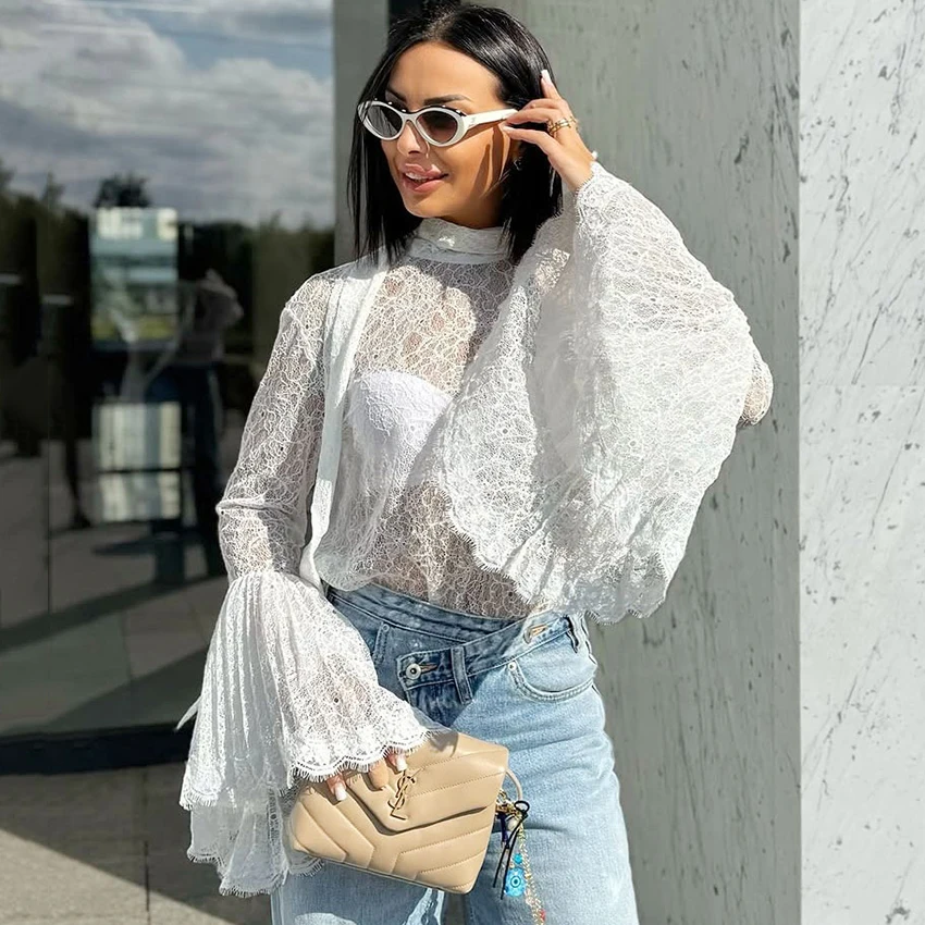 Elegant White Embroidery Blouse Women Autumn Street Chic Sheer Stand Collar Shirt Female 2025 Sexy Flare Sleeve Ladies Top