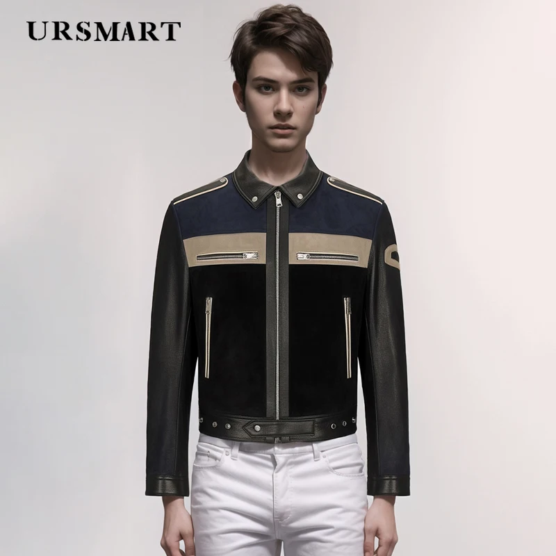 Suede men\'s jacket high-quality and fashionable British trend color blocking genuine leather stand collar custom short jacket