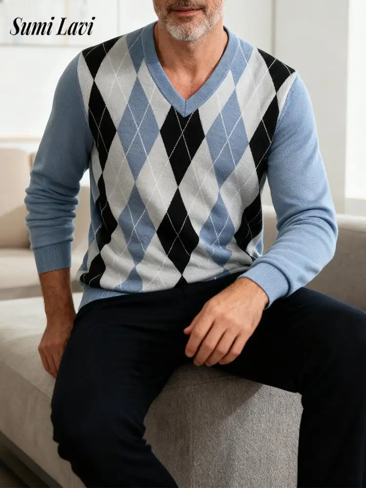 

Fall Winter Mens Casual Pullover Tops Vintage V Neck Long Sleeve Knitted Sweaters Men Stylish Patchwork Crochet Knit Sweater