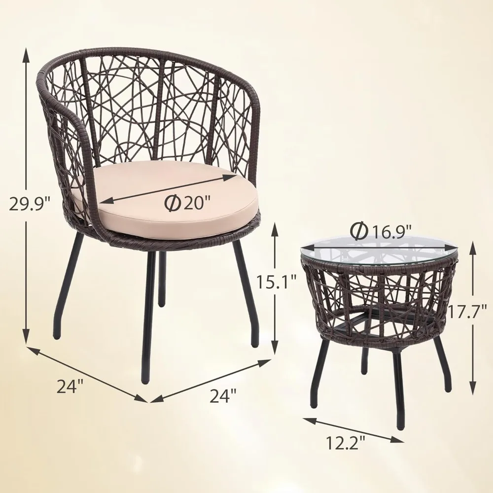Set da bistrot da 3 pezzi, mobili da giardino moderni in vimini per esterni con piano in vetro temperato e 2 sedie, cuscini lavabili