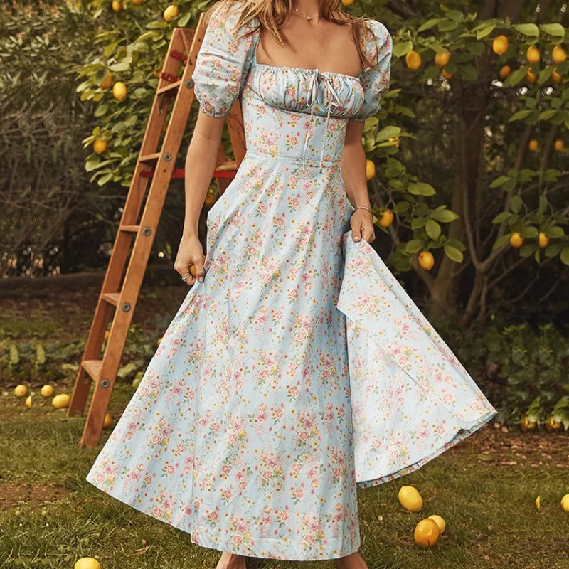 Vestido con estampado Floral francés para mujer, con espalda descubierta traje Sexy, ajustado con tirantes y abertura, cintura alta, elegante, Primavera