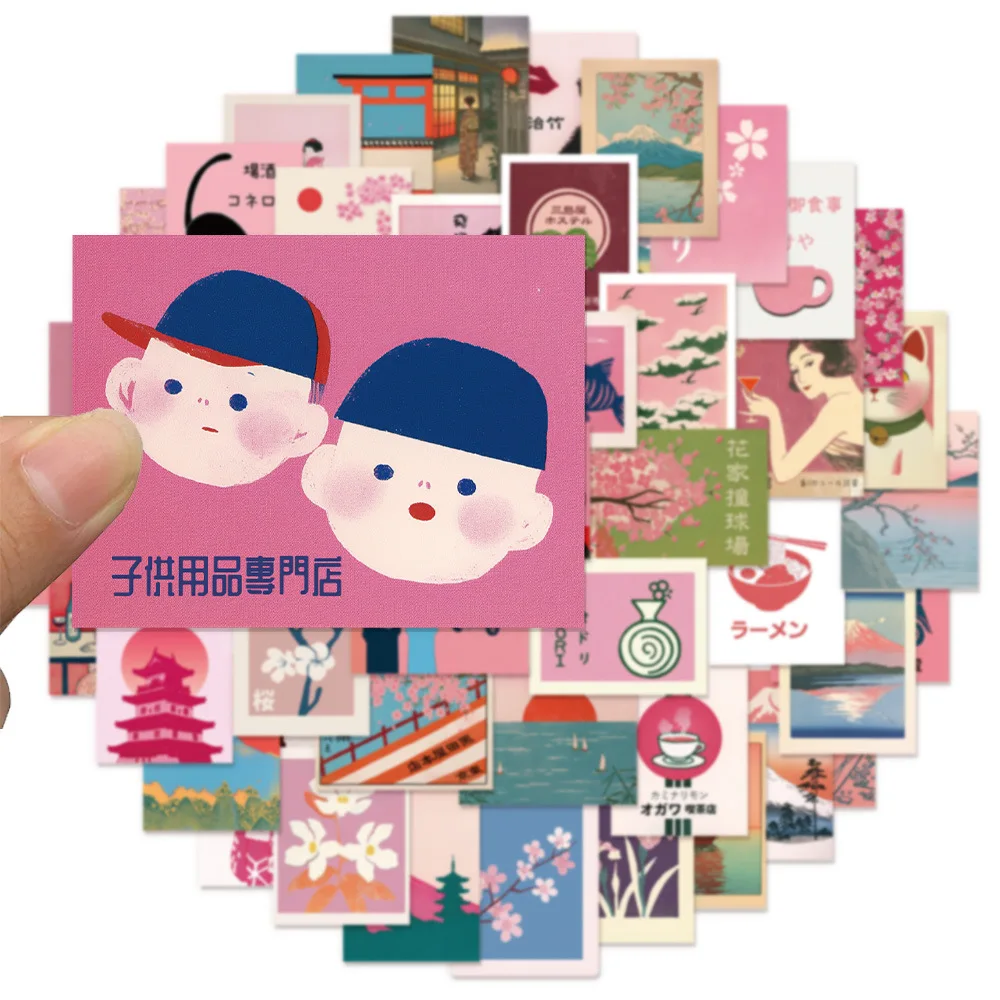 50PCS Retro Pink Stickers Japanese Aesthetic Art Stickers Red Sun Cherry Blossoms Waves Fuji Mountain Creative Stickers
