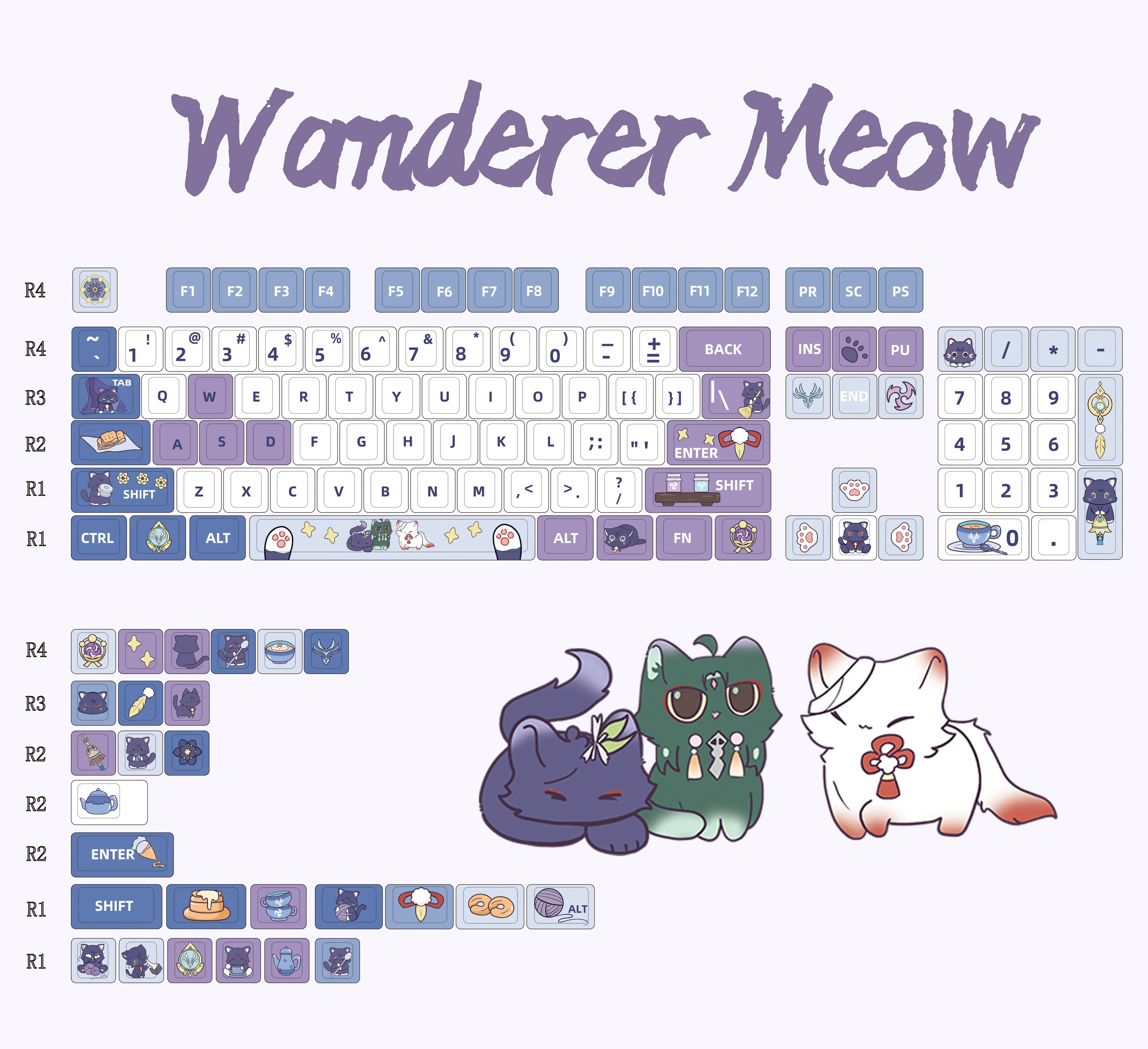 Genshin Impact Wanderer Keycap FUFU XIAO Keycaps PBT Thermal Sublimation Mechanical Keyboard Purple Cute Cat MOA Furina Keycap