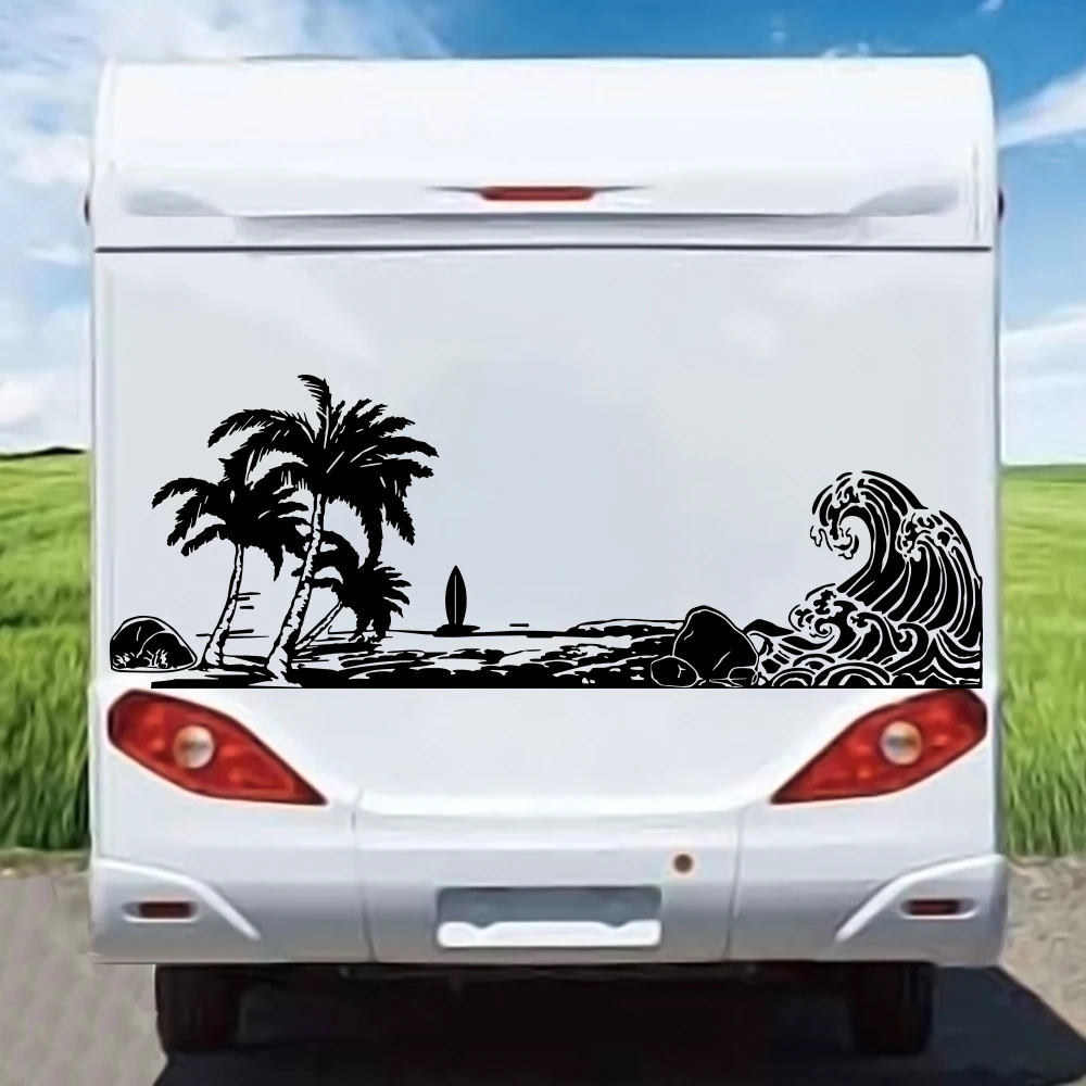 Large Beach Wave Palm Tree Car Sticker Decal Summer Surf Nature Ocean Landscape for Pickup Tailgate Camping Rv Caravan