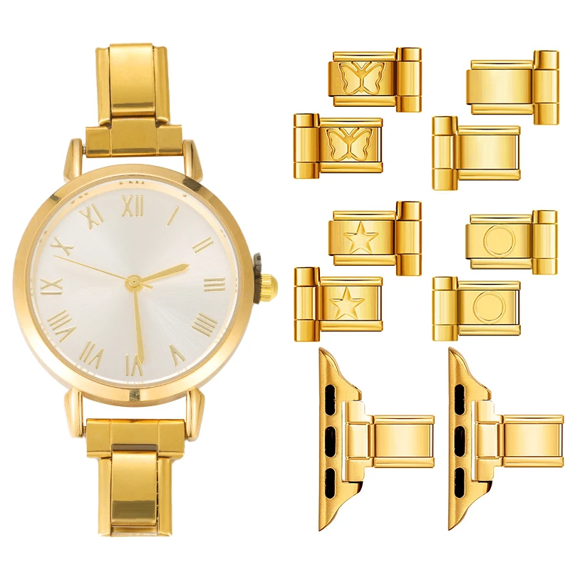 Fashion Watch Connector Stainless Steel Fit 9MM Italian Charm Links Women's Square Watch Header Linker Bracelet DIY Jewelry Gift