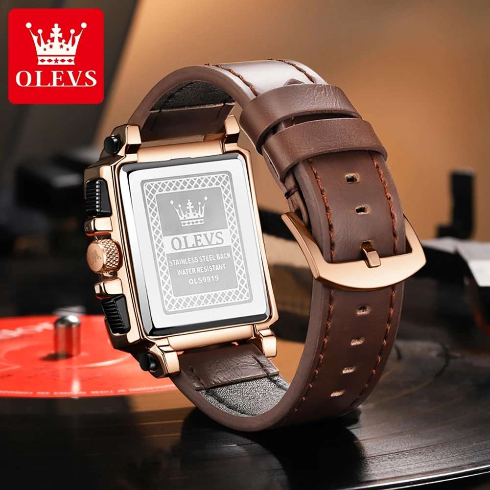 OLEVS 9919 Quartz Watch for Men Chronograph Multifunctional Wristwatch Leather strap Square Big Dial Leisure Sports Mens Watches