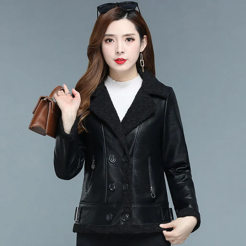 Fashionable Short Leather Coat Winter  New women's Clothing Loose Fit Thin Autumn Winter Fleece Women's Fur One Body Warm  Coat