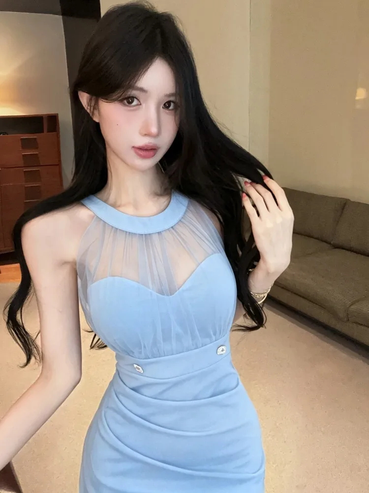 

Sexy Mesh Splice Shoulder Bared Dress Women's High Waist Crossed Waist Cinching Butt Covering Short Skirt Korean Style Commute
