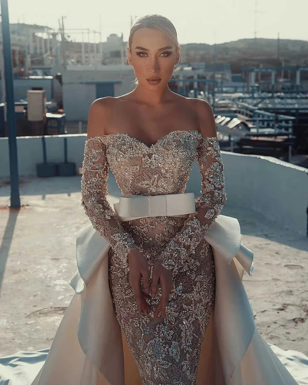 New Arrive Wedding Dresses Mermaid Sequins Full Sleeves Off Shoulder Detachable Train Appliques Customized Vestidos De Novias