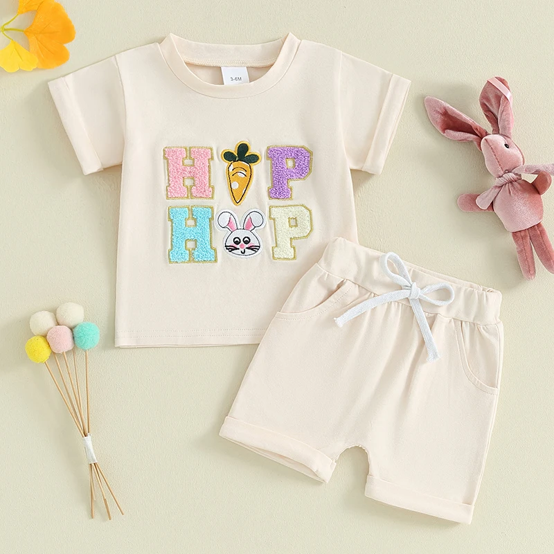 Toddler Baby Boy Easter Outfit Letter Bunny Print Short Sleeve T-Shirt and Shorts Summer Clothes Set