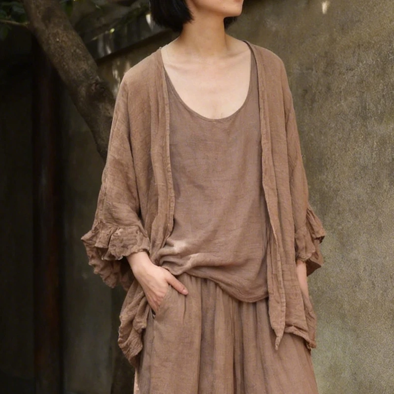 Women Cotton Linen Casual Coats New 2026 Spring Vintage Style Solid Color Loose Female Butterfly Sleeve Open Stitch Jacket M2486