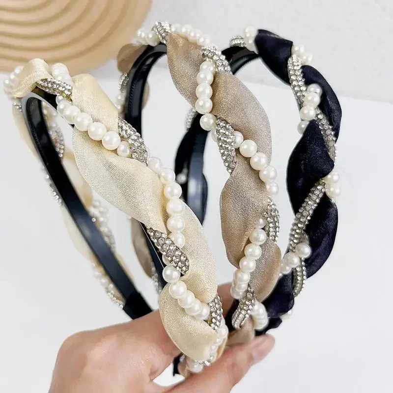 Double Pearl Rhinestone Headband Lace Braided Hairband Hair Hoop Korean Crystal Headbands for Women Girl Hair Accessories