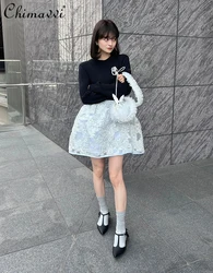 Japanese Style 2024 Autumn Ladies Elegant Elastic Waist Three-dimensional Seersucker Skirt Sweet Girls Short Mini Puffy Skirts