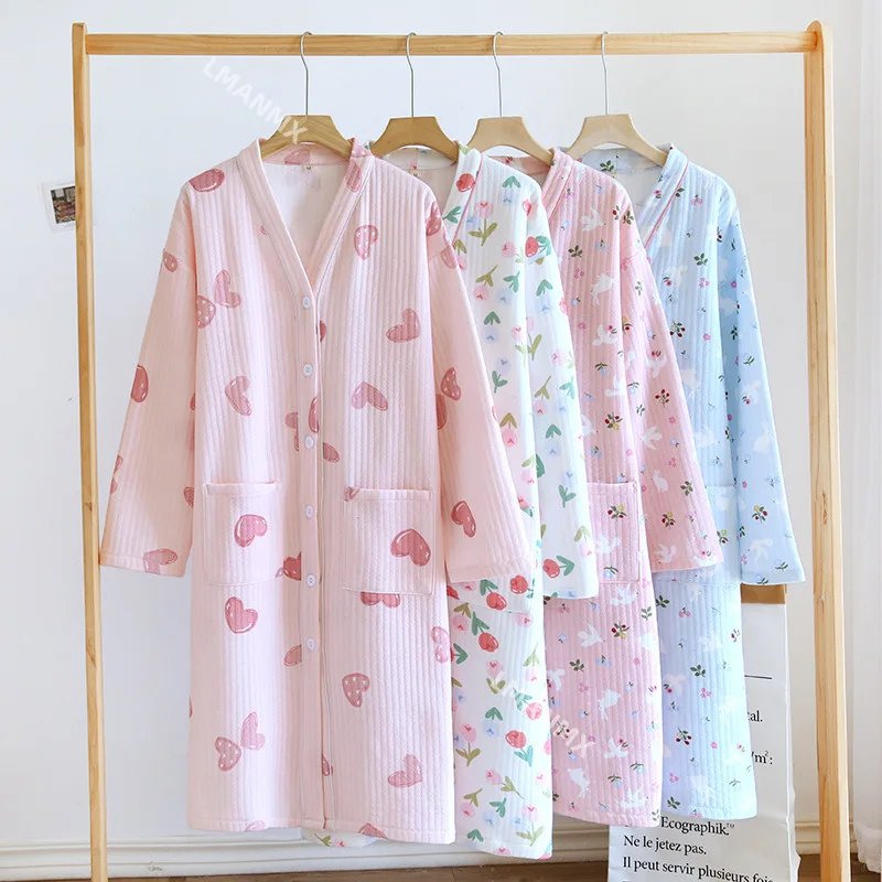 Winter New Cotton Air Layer Kawaii Girls Floral Sleep Robe Dress Women's Nightgowns Nighttie Sleepshirts Ladies Home Clothes