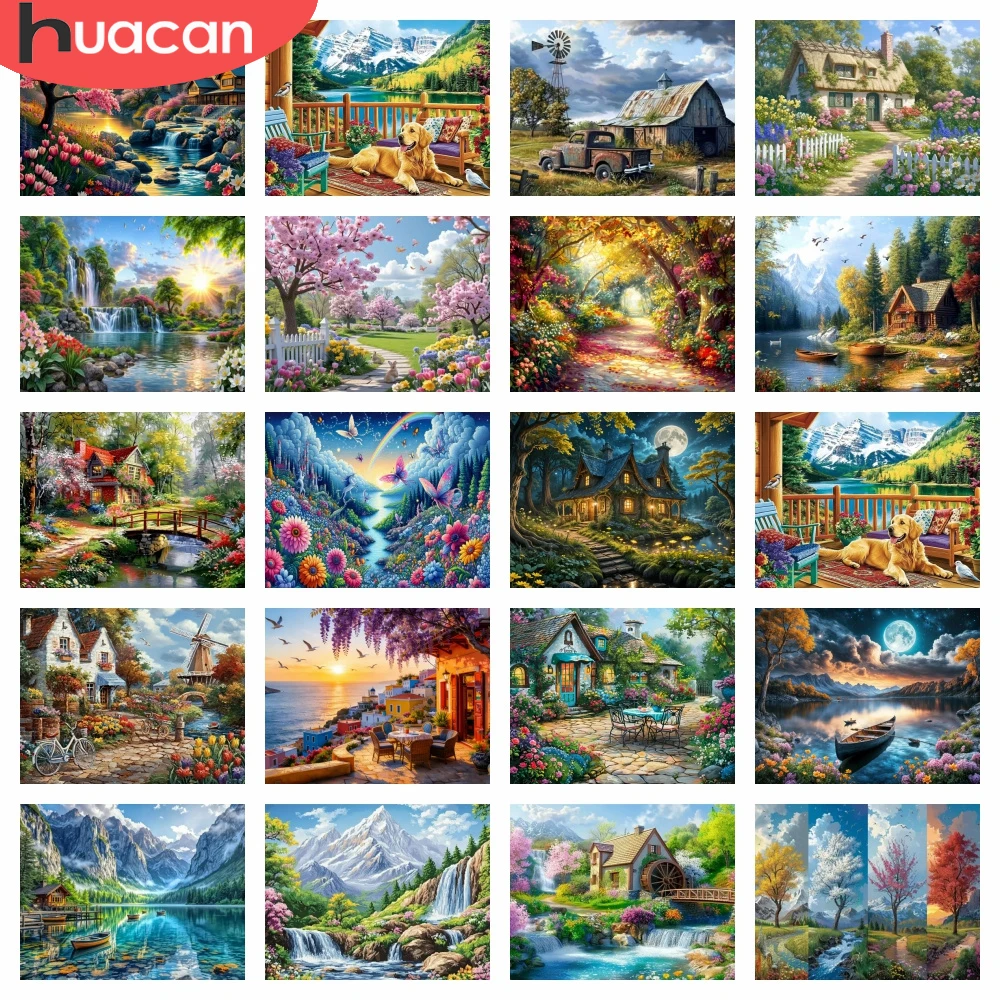 HUACAN Diamantmalerei Naturlandschaft Handgefertigte Strass-Diamantmosaik Berghaus-Szenerie Baum See Komplette Sets Kunsthandwerk