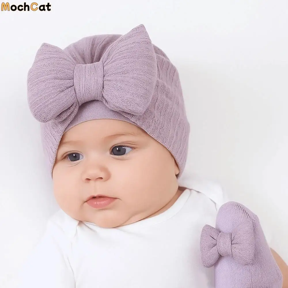 

Headwear Cotton Knit Baby Hat Socks Set Big Bowknot 0-12 Months Baby Bow Fetal Cap Warm Elastic Newborn Turban Hat Home/Outdoor